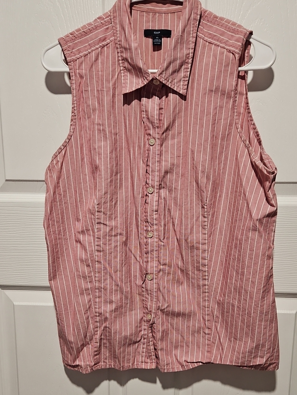 GAP Pink & White Striped Sleeveless Button Shirt